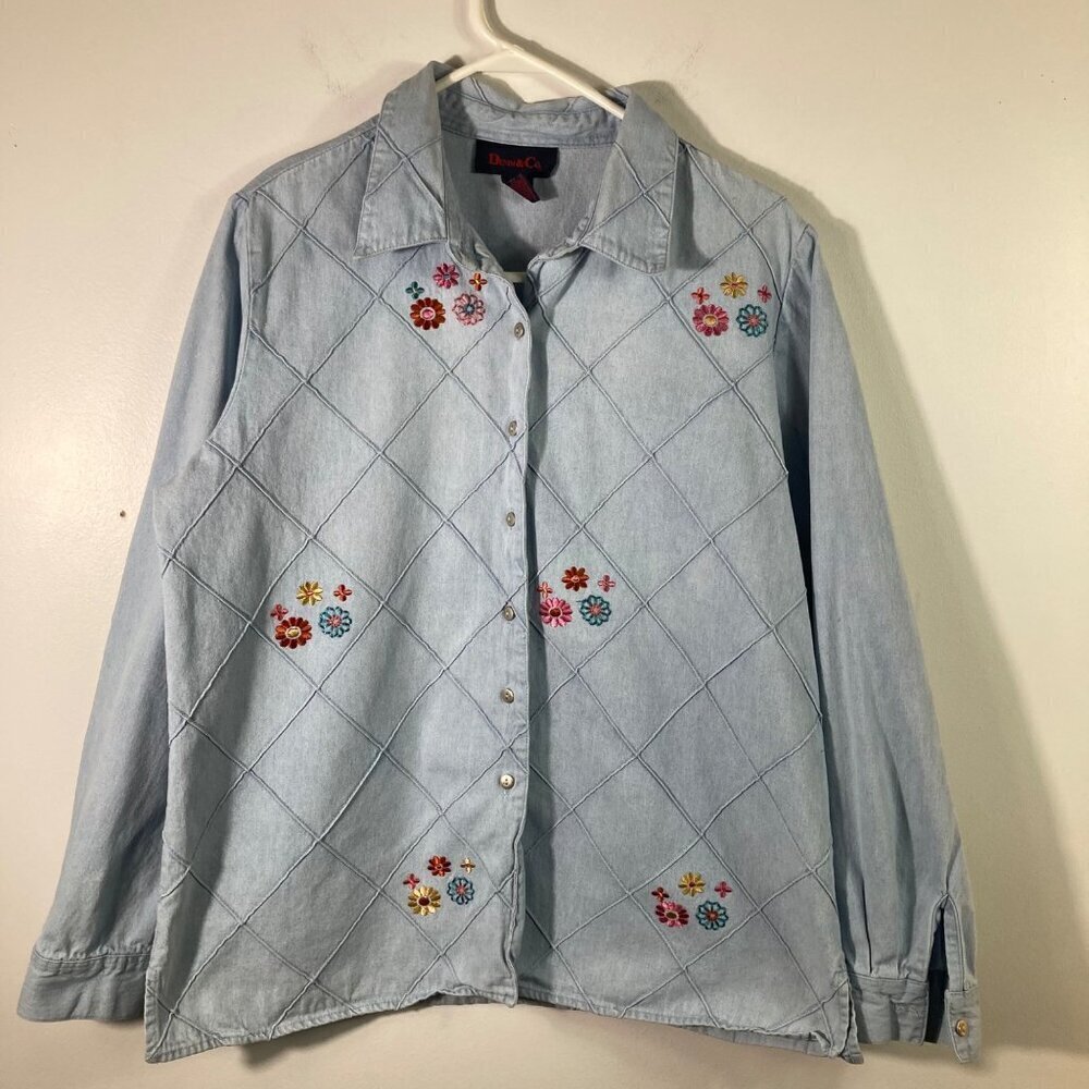 Womens Vintage Denim & Co Button Denim Floral Patchwork Cotton‎ Shirt Blue L